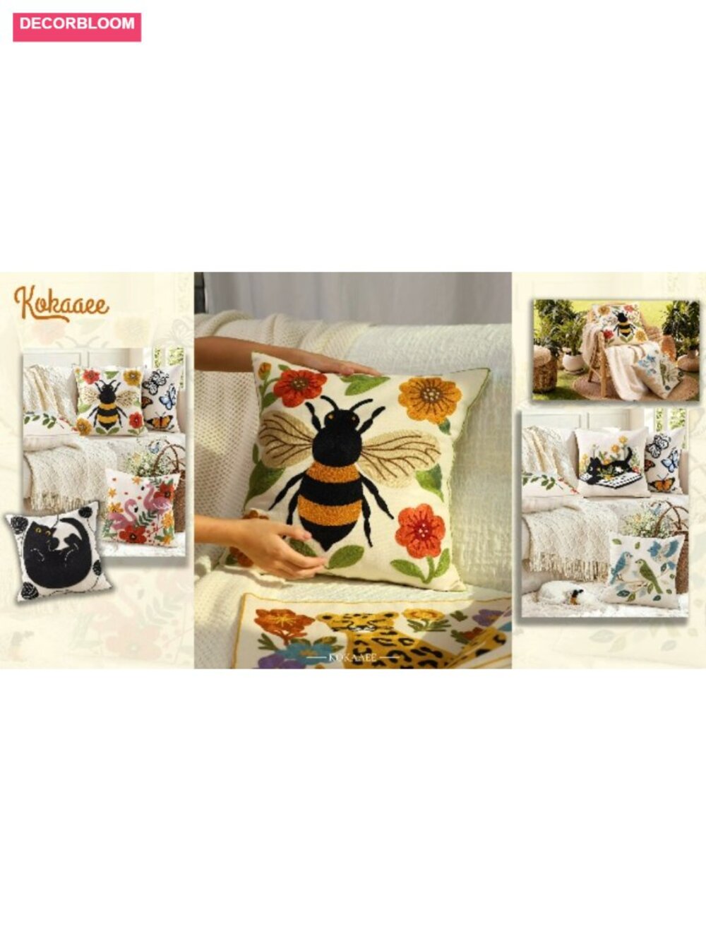 Embroidered Animal Floral Throw Pillow Cover 18x18 - Picture 6 of 6